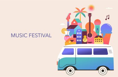 Renkli geometrik yaz müzik festivali şablonu, poster, afiş. Minivan ve şehir hayatı geçmişi olan yaz zamanı eğlence konsepti tasarımı. Vektör poster illüstrasyonu