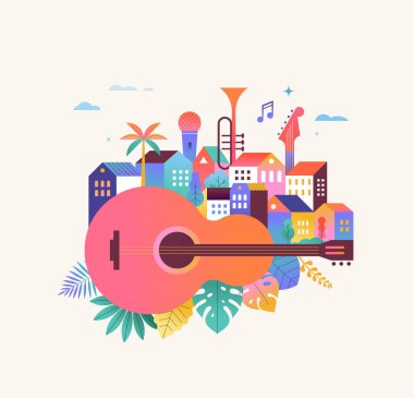 Renkli geometrik yaz müzik festivali şablonu, poster, afiş. Gitar ve şehir hayatı geçmişi olan yaz zamanı eğlence konsepti tasarımı. Vektör poster illüstrasyonu