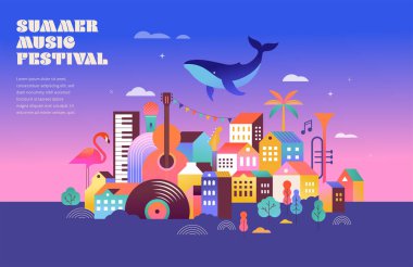 Renkli geometrik yaz müzik festivali arka planı, poster, afiş. Yaz zamanı eğlence konsepti tasarım promosyon tasarımı. Vektör poster illüstrasyonu