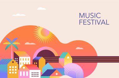 Renkli geometrik yaz müzik festivali şablonu, poster, afiş. Gitar ve şehir hayatı geçmişi olan yaz zamanı eğlence konsepti tasarımı. Vektör poster illüstrasyonu