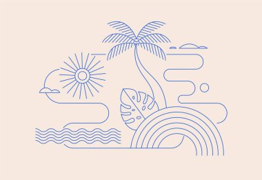 Minimalist yaz konsept tasarımı. Lineer basit, modern tarz. Palmiyeler, sahil, deniz ve güneş vektörü illüstrasyonlu yaz arkaplanı