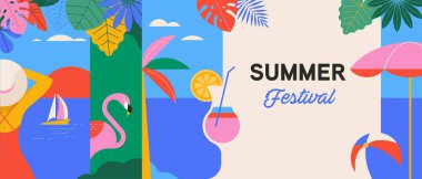 Renkli Geometrik Yaz Festivali ve Seyahat Arkaplanı, poster, afiş. Yaz zamanı eğlence konsepti tasarım promosyon tasarımı. Vektör poster illüstrasyonu