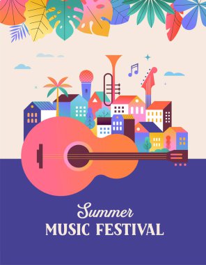 Renkli geometrik yaz müzik festivali şablonu, poster, afiş. Gitar ve şehir hayatı geçmişi olan yaz zamanı eğlence konsepti tasarımı. Vektör poster illüstrasyonu