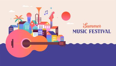 Renkli geometrik yaz müzik festivali şablonu, poster, afiş. Gitar ve şehir hayatı geçmişi olan yaz zamanı eğlence konsepti tasarımı. Vektör poster illüstrasyonu