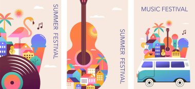 Poster ve afiş için renkli geometrik yaz festivali şablonları. Yaz zamanı eğlence konsepti tasarımı. Şehir arka planında vinil plak, gitar ve minivan var. Vektör poster illüstrasyonu