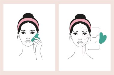 Yüz masajı, Gua sha masajı, kişisel bakım, cilt bakımı. Minimalist temiz vektör tasarımı