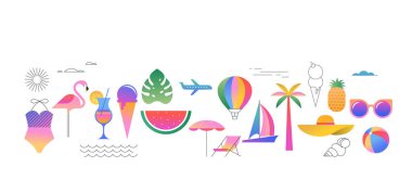 Yaz tatili illüstrasyon seti. Plaj elementleri, seyahat sembolleri, meyve, dondurma, mayo, palmiye ağaçları ve modern düz güneş içeren renkli tropikal ikonlar. Vektör simgeleri tasarımı