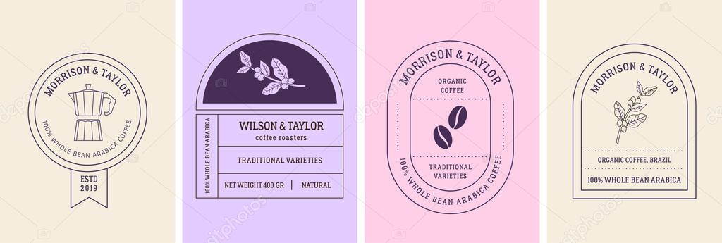 Set of vintage coffee logo and label designs with moka pot, coffee beans, and botanical illustrations. Retro badges for artisan roasters, organic coffee packaging, and boutique branding.