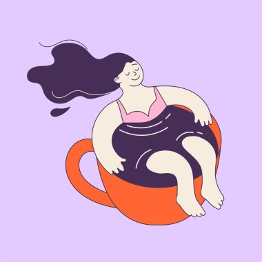 Kahve fincanında jakuzi gibi gevşeyen sevimli bir kadın çizimi. Logo, posterler, baskılar, kafe menüsü ve diğer komik temalı kahve tasarımları için komik el çizimi illüstrasyonuName 