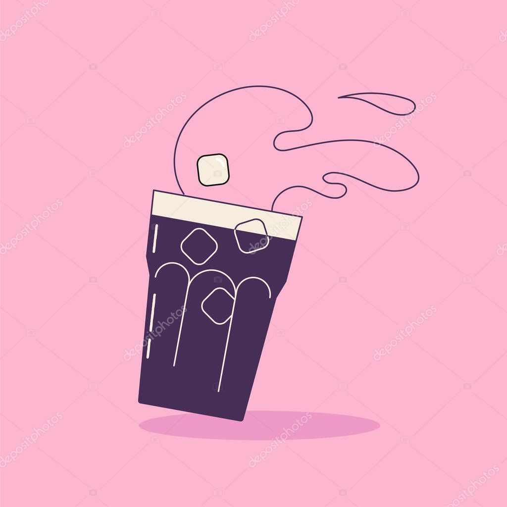 Cute vector cartoon of iced coffee glass with splash and ice cubes. Minimal hand drawn illustration for posters, prints, cafe menu and other coffee themed designs.
