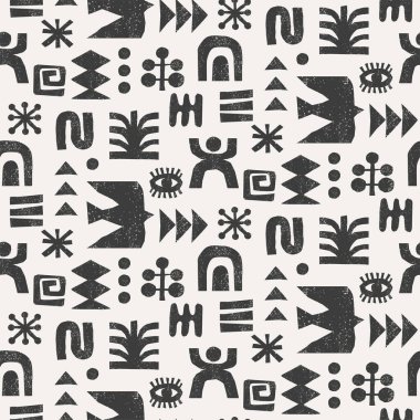 Krem arkaplanda grunge dokusunda etnik geometrik semboller olan kusursuz kabile deseni. Tekstil ya da ambalaj tasarımı için Afrika motifleri. Dekoratif vektör illüstrasyonu. 