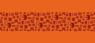 Turuncu arka planda soyut geometrik sembolleri olan etnik, pürüzsüz desen. Tekstil ya da ambalaj tasarımı için Afrika kabile motifleri. Dekoratif vektör illüstrasyonu.