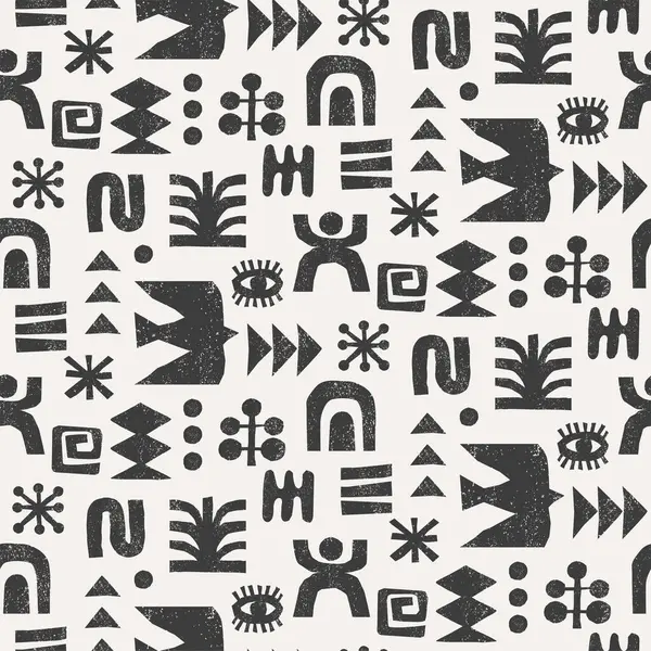 Krem arkaplanda grunge dokusunda etnik geometrik semboller olan kusursuz kabile deseni. Tekstil ya da ambalaj tasarımı için Afrika motifleri. Dekoratif vektör illüstrasyonu. 