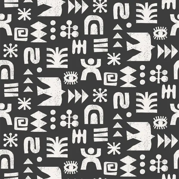 Soyut geometrik sembolleri koyu desenli arka planda olan etnik, pürüzsüz desen. Tekstil ya da ambalaj tasarımı için Afrika kabile motifleri. Dekoratif vektör illüstrasyonu.