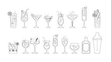 Minimalist kokteyl ikonu, martini, şarap, şampanya, karıştırıcı ve bar içkilerinin yer aldığı siyah-beyaz doğrusal bir şekilde ayarlandı. Bar menüsü ve düğün davetiyeleri için zarif satır sanat vektör illüstrasyonu