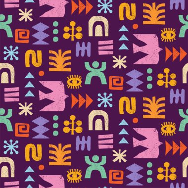 Soyut geometrik sembolleri olan hareketli, pürüzsüz bir model. Tekstil veya ambalaj tasarımı için renkli Afrika kabile motifleri. Dekoratif vektör illüstrasyonu.
