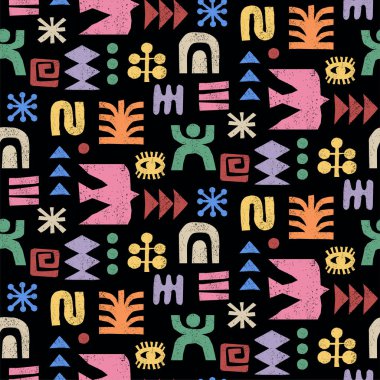 Soyut geometrik sembollerle renklendirilmiş, kusursuz bir şekil. Tekstil, kumaş ya da ambalaj tasarımı için Afrika kabile motifleri. Dekoratif vektör illüstrasyonu.