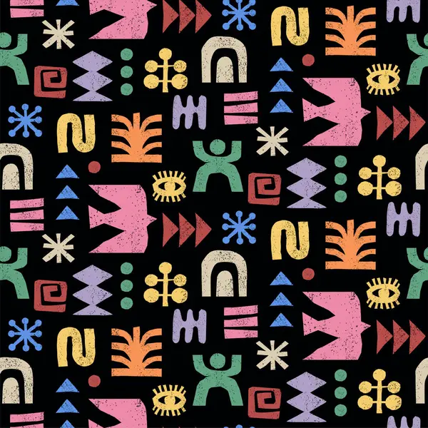 Soyut geometrik sembollerle renklendirilmiş, kusursuz bir şekil. Tekstil, kumaş ya da ambalaj tasarımı için Afrika kabile motifleri. Dekoratif vektör illüstrasyonu.