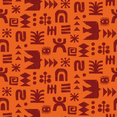 Turuncu arka planda soyut geometrik sembolleri olan kusursuz kabile deseni. Tekstil ya da ambalaj tasarımı için Afrika etnik motifleri çizildi. Dekoratif vektör illüstrasyonu.