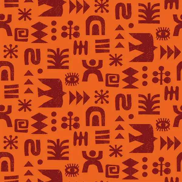 Turuncu arka planda soyut geometrik sembolleri olan kusursuz kabile deseni. Tekstil ya da ambalaj tasarımı için Afrika etnik motifleri çizildi. Dekoratif vektör illüstrasyonu.