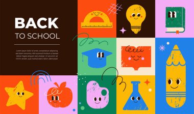 Çizgi film tarzında renkli resimli okula dönüş posteri. Kitaplar, kalem, ampul, mezuniyet şapkası ve elma da dahil olmak üzere şirin el yapımı okul malzemeleri çizgi film karakterleri.. 