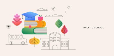 Geometrik Okula Dönüş afişi, afişi ve broşürü. Modern vektör çizimi ve konsept tasarımı renkli ve doğrusal grafik elementleri birleştiriyor.