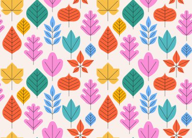Renkli sonbahar, ambalaj kağıdı ve ambalaj tasarımı için pürüzsüz bir desen bırakır. Basit geometrik yaprak simgeleriyle sonbahar mevsimi konseptine hoş geldiniz..