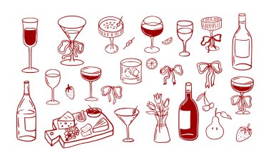 Şarap, kokteyl, şarap bardakları ve şişeler, peynir ve meyve el yapımı sanat eserleri, vektör illüstrasyonu