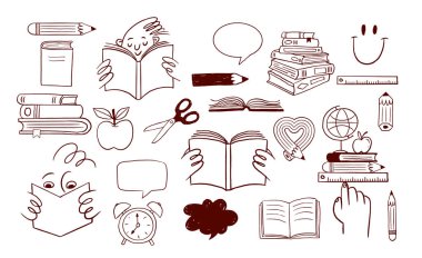 Okula geri dönelim. Siyah-beyaz el yapımı vektör çizimleri koleksiyonu. Kitaplar ve okul gereçleri karalama ve simgeler ayarlandı.