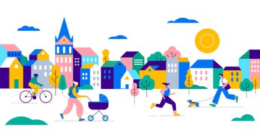 Renkli Şehir Kamu Alanı. İnsanlar şehir meydanında yürüyor, koşuyor ve bisiklete biniyor. Vektör İllüstrasyonu.