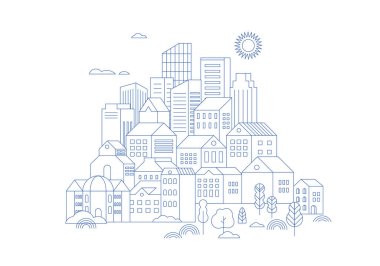 Minimalist Doğrusal Şehir Yaşamı İllüstrasyonu. Binalar ve Ağaçlarla Çağdaş Şehir Ana Hattı. Modern Vektör Tasarımı.