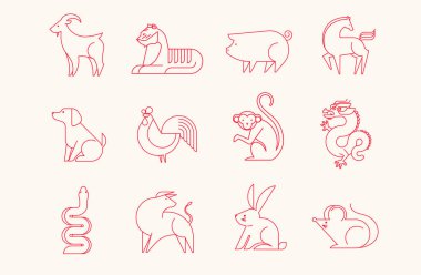 Çin burcu burç tabelaları koleksiyonu. Çin Yeni Yılı için hayvan sembolleri. Geometrik doğrusal minimalist tarzda vektör çizimleri. Maskot takımı - tavşan, ejderha, yılan, kaplan, öküz, fare, domuz