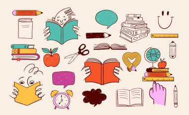 Okulun elle çizilmiş vektör illüstrasyonları koleksiyonuna renkli bir dönüş. Kitaplar ve okul gereçleri karalama ve simgeler ayarlandı.