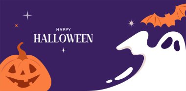 Cadılar Bayramı arka planı, afiş. Hayalet, yarasa ve balkabağı ile Cadılar Bayramı çizimin kutlu olsun. 