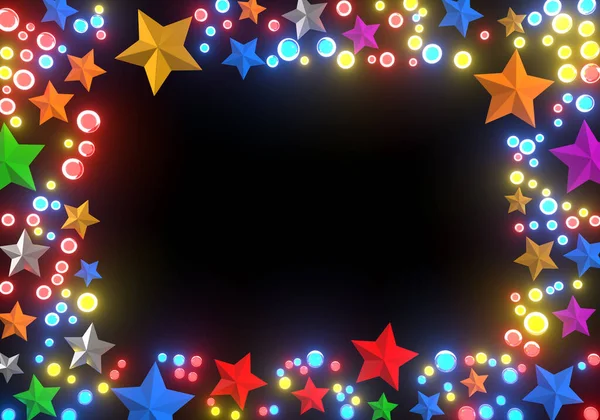 Christmas Frame Christmassy Greeting Card Colorful Stars Lights Black Background — Fotografia de Stock