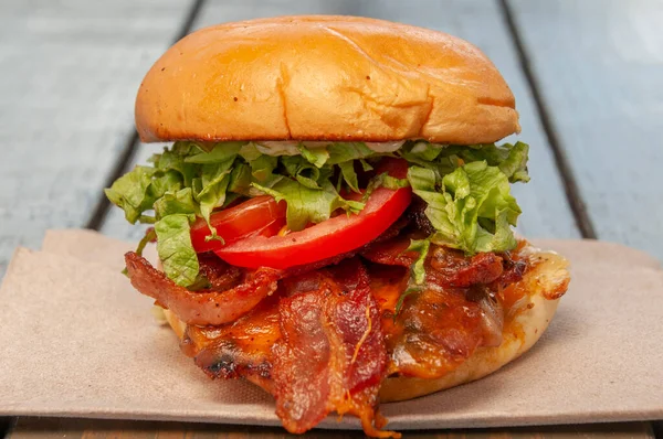 Tout Bacon Américain Classique Cheeseburger Sur Pain Graines Sésame — Photo