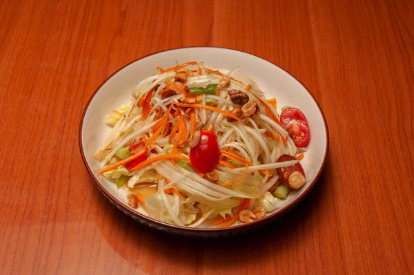 Papaya Salatası Olarak Bilinen Lezzetli Tayland Mutfağı Stok Resim