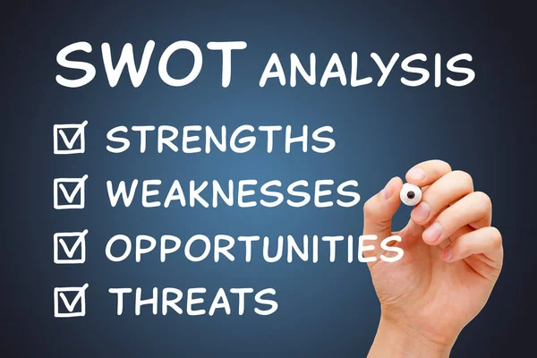 Hand writing SWOT analysis check marks business concept about assessment of strengths, weaknesses, opportunities, and threats of a company.