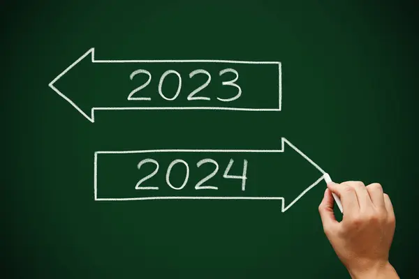 Handtekening Happy New Year 2024 Afscheid 2023 Twee Pijlen Concept Stockfoto