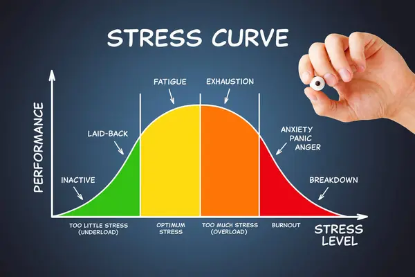 手描きストレス曲線グラフ図 積み過ぎやバーンアウト パフォーマンスとストレスレベルとの関係など ストック写真