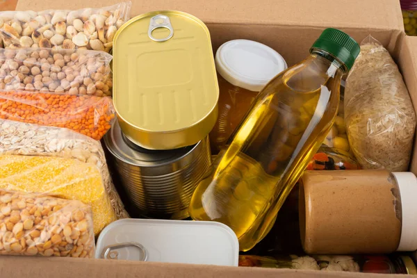 stock image Survival set of nonperishable foods in carton box
