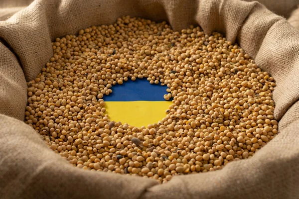 Burlap Sack Soybeans Ukrainian Flag Concept — Stock Photo, Image
