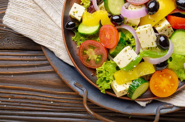 Top View Mediterranean Diet Dish Greek Salad Vintage Metal Tray — Stock Photo, Image