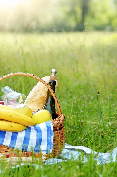 Picnic basket with fruits wine and bread on the grass with blanket aside