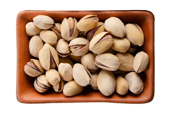 Pistachio Nuts Clay Bowl Isolated White Flat Lay View — Stock Photo, Image