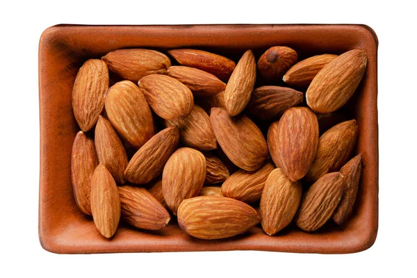 Almonds Clay Bowl Isolated White Flat Lay View Stock Photo