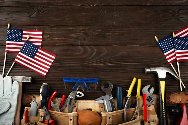 Labor Day Banner Mockup Tools Toolbelt Flag Wooden Background Royalty Free Stock Images