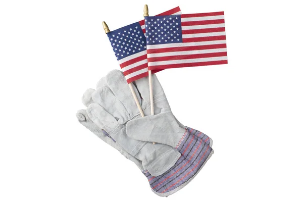 Защитные Рабочие Перчатки Флаги Изолированы Белом Фоне День Труда Фон Стоковое Фото