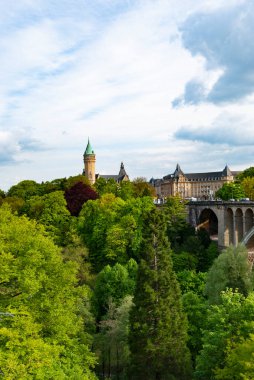 View at Pont Adolphe Bridge and park in central part of Luxemburg summer time clipart