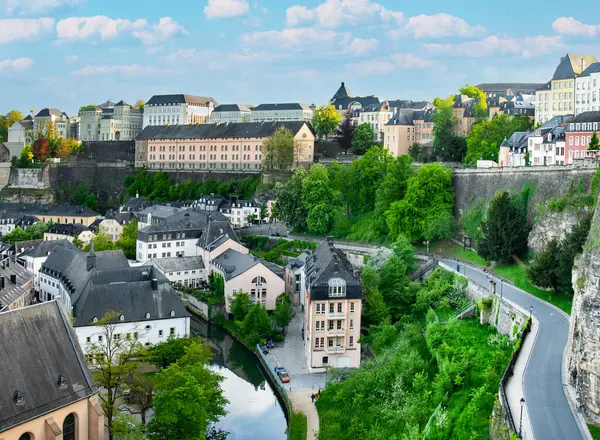 stock image Central Luxembourg downtown quarter Gronn with Alzette river summer time